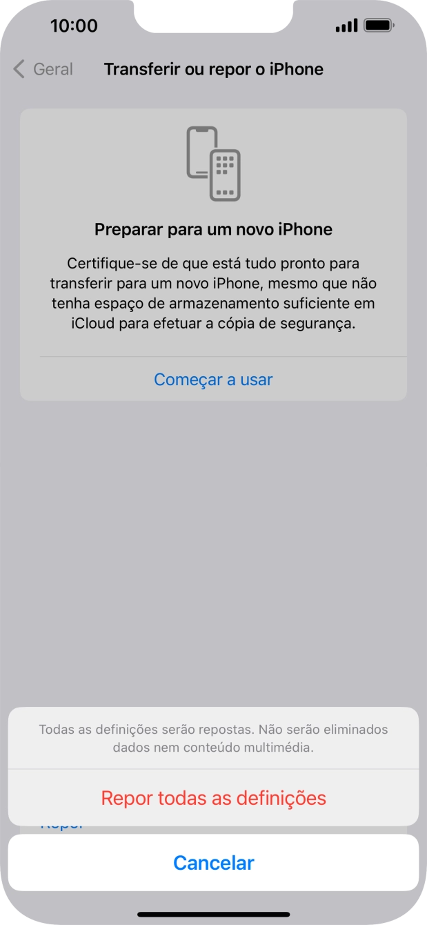Prima Repor todas as definições.