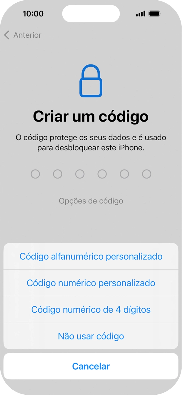 Siga as indicações no ecrã para ativar a utilização do código de bloqueio do telefone ou prima Não usar código.