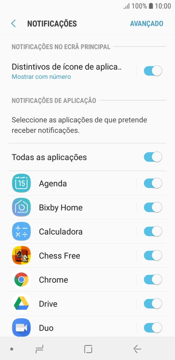 Prima o indicador junto à app pretendida para ativar ou desativar a função.