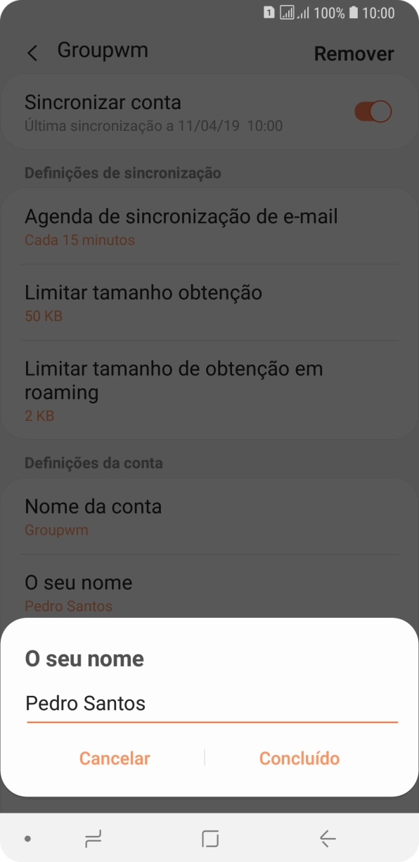 Introduza o nome de remetente e prima Concluído.