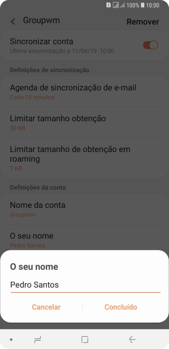 Introduza o nome de remetente e prima Concluído.
