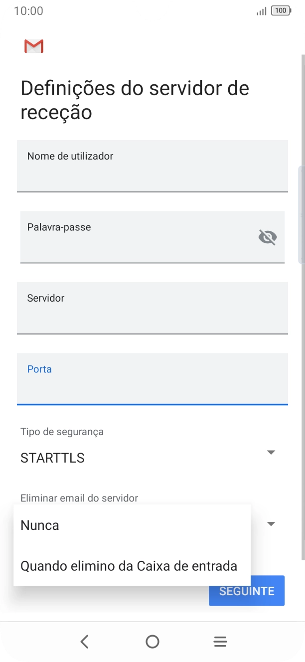 Prima Nunca para manter os e-mails no servidor quando estes são apagados no telefone.