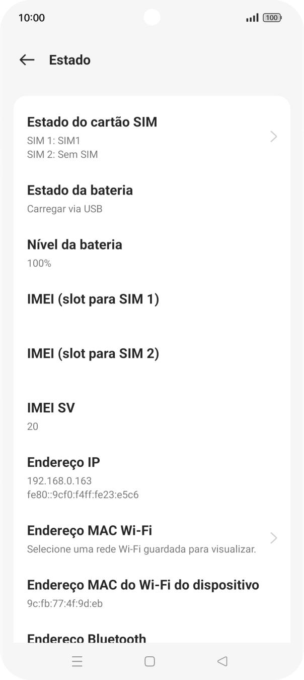O código IMEI é mostrado no ecrã.