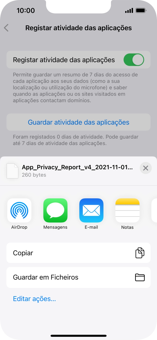 Prima a definição pretendida e siga as indicações no ecrã para partilhar ou guardar o relatório de atividade das aplicações.