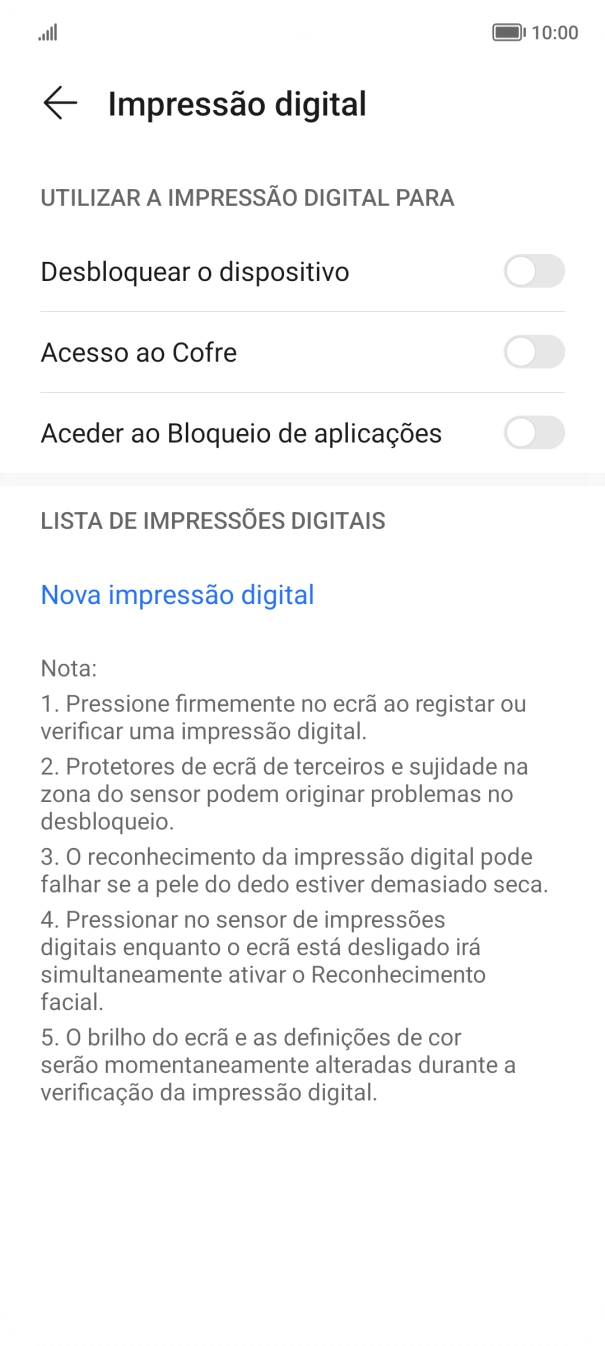 Prima os indicadores junto às definições pretendidas para as ativar ou desativar.