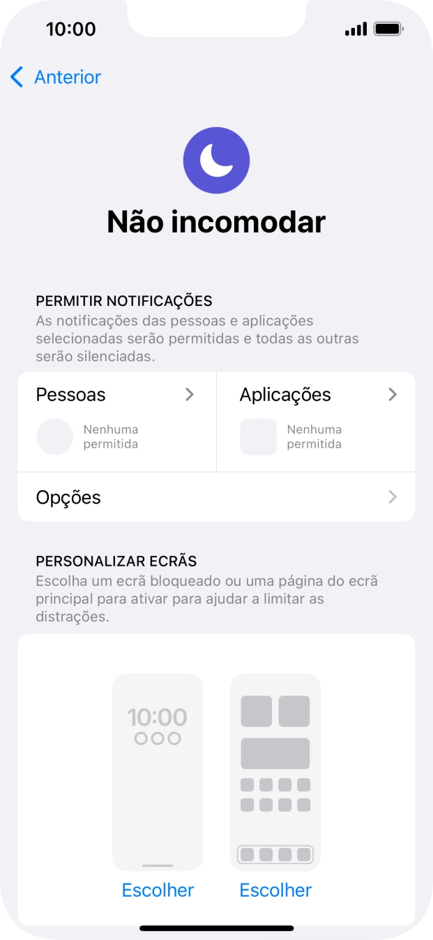Prima Pessoas e siga as indicações no ecrã para escolher quais os contactos de que pretende receber chamadas e notificações, enquanto a função “Não incomodar” está ativada.