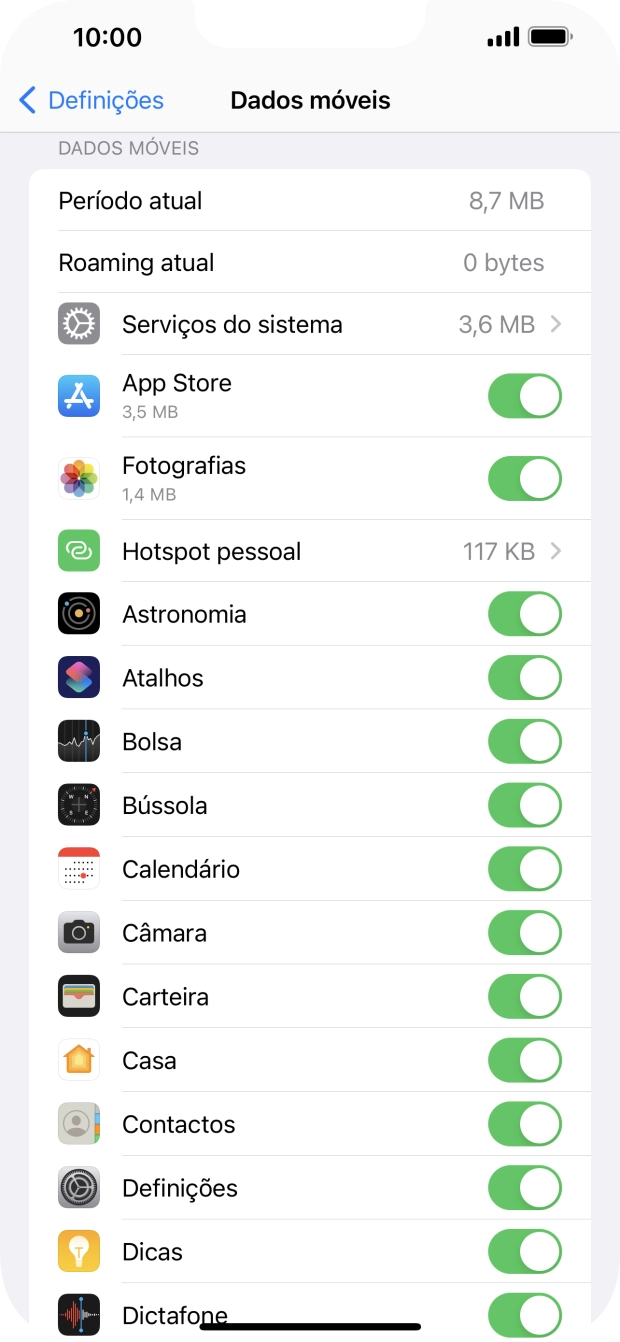 Prima o indicador junto das aplicações pretendidas para ativar ou desativar a função.