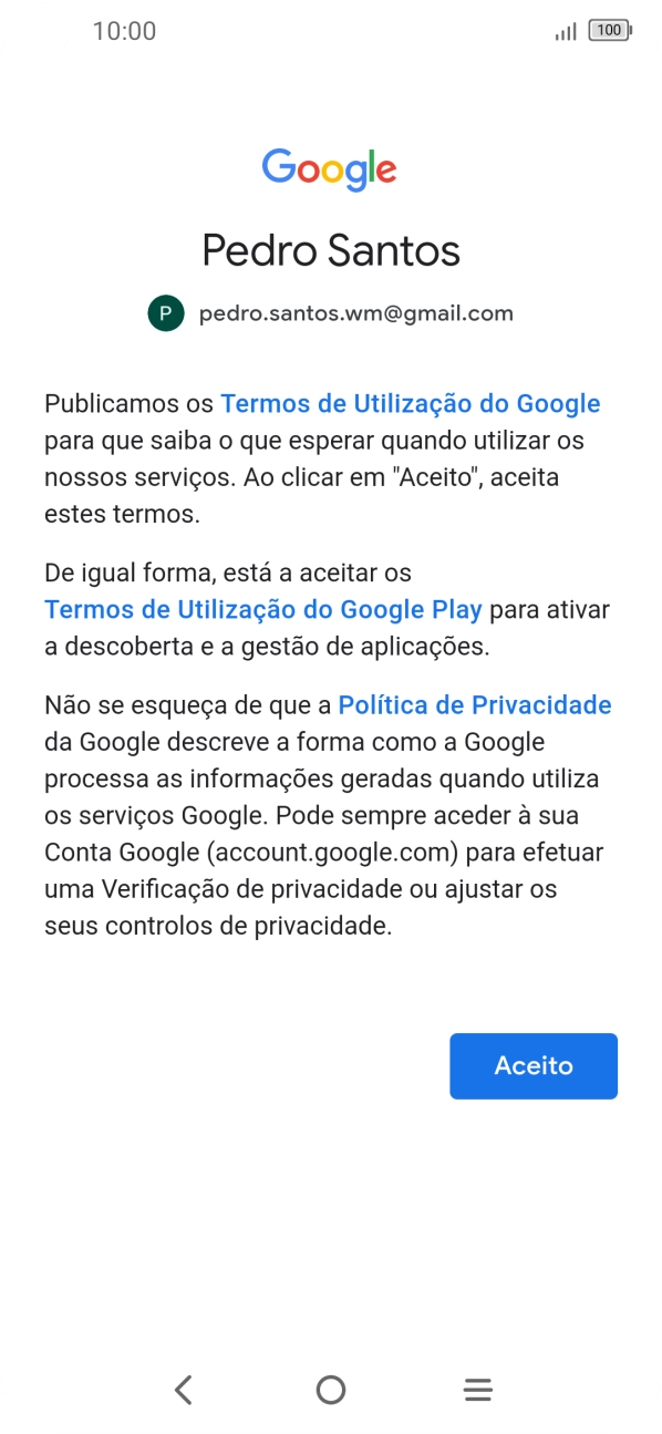 Prima Aceito e siga as indicações no ecrã para escolher as definições da conta Google.