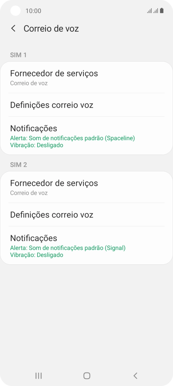 Prima Definições correio voz sob o cartão SIM pretendido.