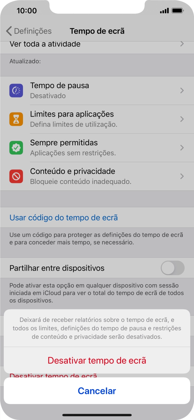 Prima Desactivar tempo de ecrã.
