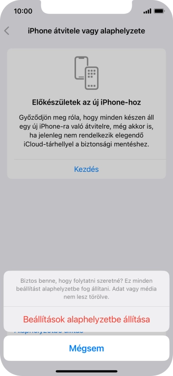 Válaszd a Beállítások alaphelyzetbe állítása lehetőséget. Várj egy kicsit, amíg a telefon visszaállítja a gyári beállításokat. A telefon konfigurálásához és ahhoz, hogy üzemkész állapotba hozd, kövesd a képernyőn megjelenő utasításokat.