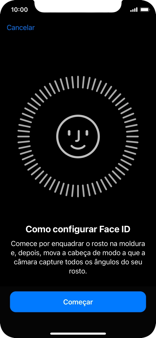 Prima Começar e siga as indicações no ecrã para estabelecer um código de reconhecimento facial (Face ID).