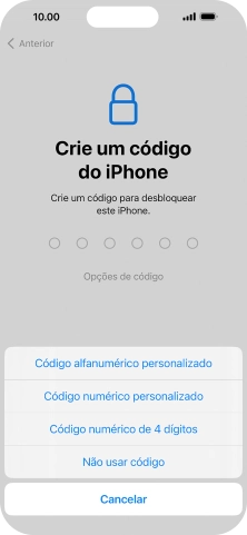 Siga as indicações no ecrã para ativar a utilização do código de bloqueio do telefone ou prima Não usar código.