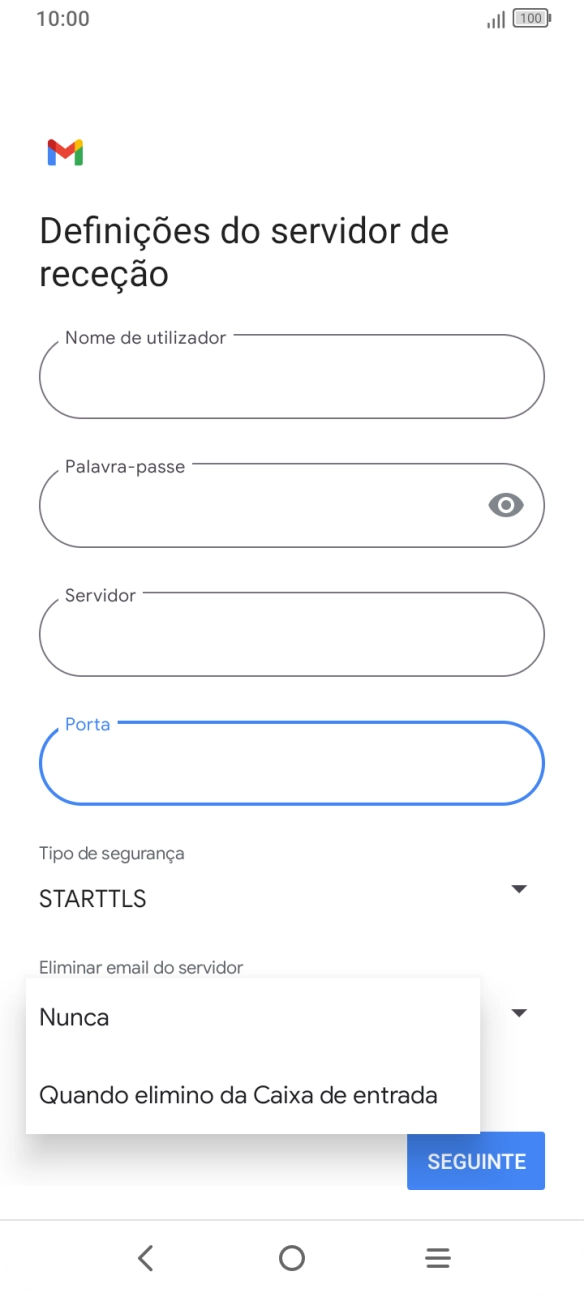 Prima Nunca para manter os e-mails no servidor quando estes são apagados no telefone.