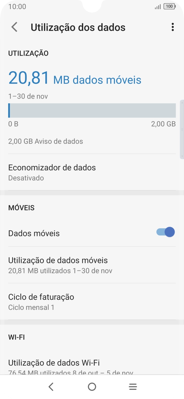 O consumo total de dados é agora mostrado no ecrã.