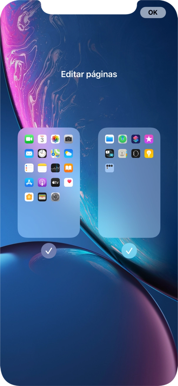 Prima os campos sob as páginas do ecrã inicial pretendidas, para ativar ou desativar a exibição de páginas.