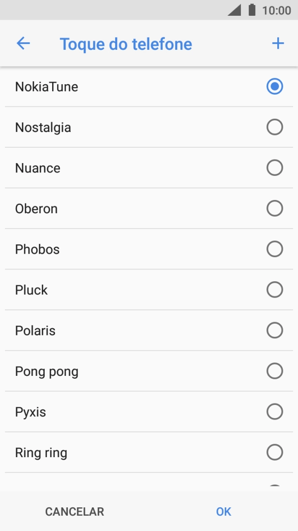 Prima o ícone para adicionar um tom de toque e vá até ao tom de toque pretendido.
