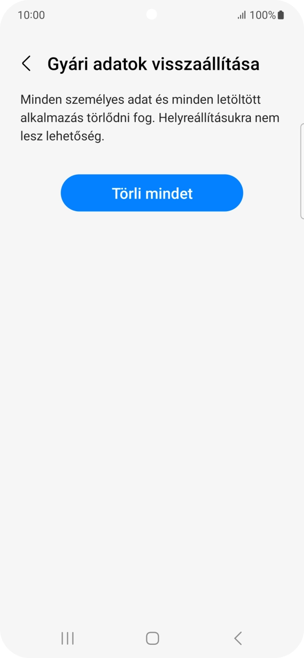 Válaszd a Törli mindet lehetőséget. Várj egy kicsit, amíg a telefon visszaállítja a gyári beállításokat. A telefon konfigurálásához és ahhoz, hogy üzemkész állapotba hozd, kövesd a képernyőn megjelenő utasításokat. Válaszd a Törli mindet lehetőséget. Várj egy kicsit, amíg a telefon visszaállítja a gyári beállításokat. A telefon konfigurálásához és ahhoz, hogy üzemkész állapotba hozd, kövesd a képernyőn megjelenő utasításokat.