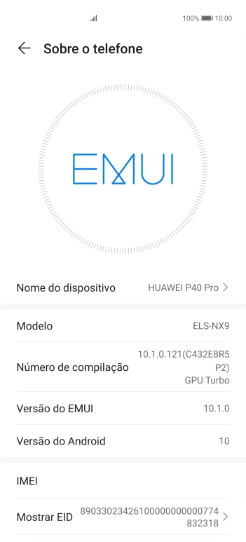O código IMEI é mostrado no ecrã.