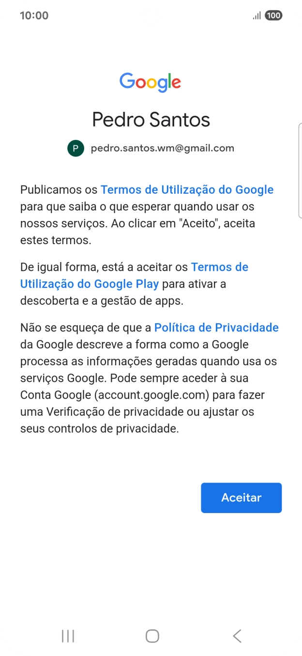 Prima Aceito e siga as indicações no ecrã para escolher as definições da conta Google.
