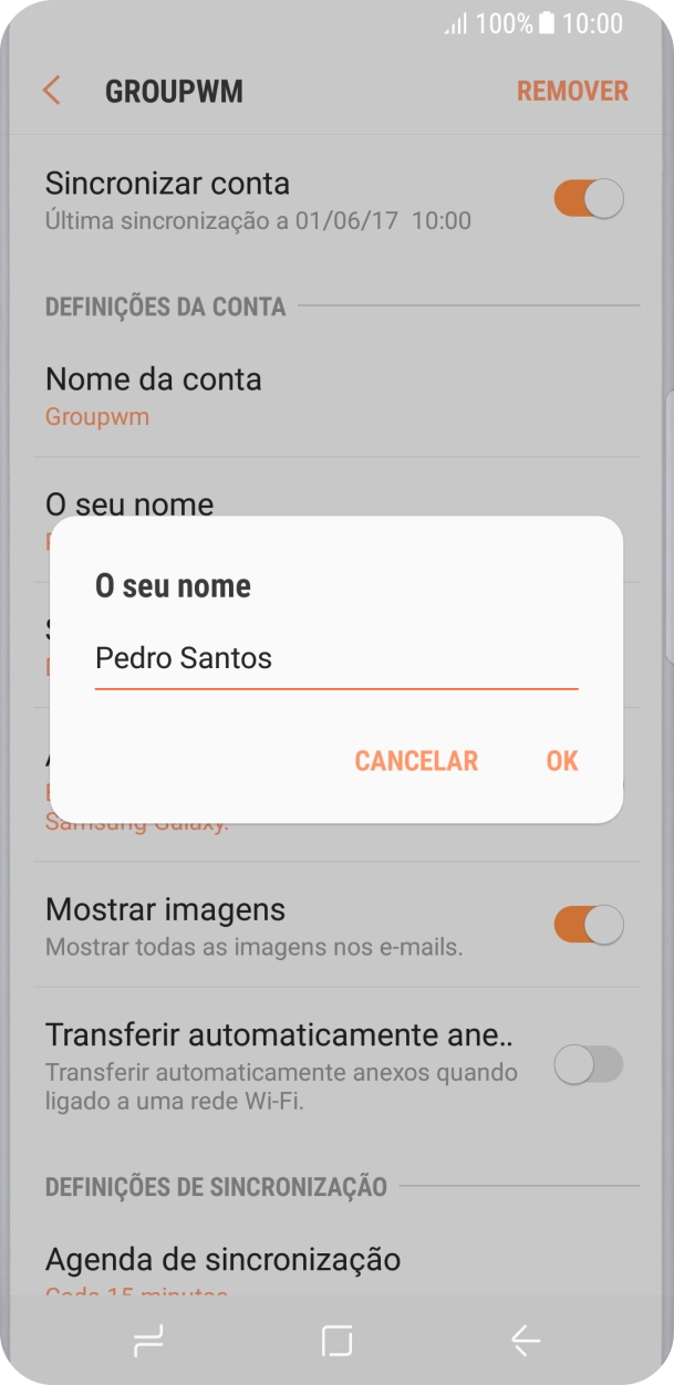 Introduza o nome de remetente e prima OK.