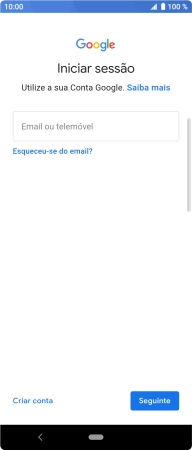 Se não tiver uma conta Google, prima Criar conta e siga as indicações no ecrã para criar uma conta.