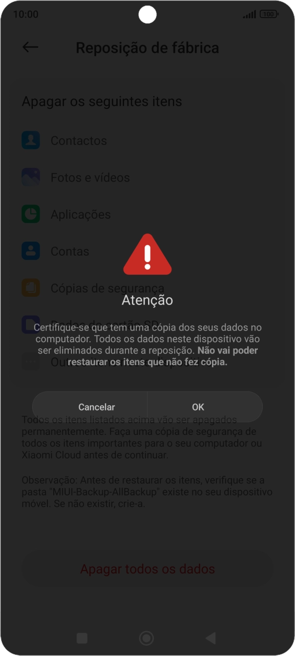 Prima OK. Aguarde um momento enquanto o telefone restabelece as definições originais. Siga as indicações no ecrã para configurar o telefone de modo que este fique pronto a ser utilizado.