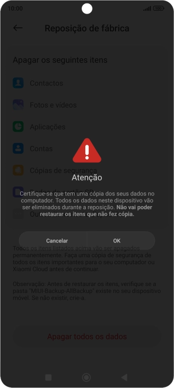 Prima OK. Aguarde um momento enquanto o telefone restabelece as definições originais. Siga as indicações no ecrã para configurar o telefone de modo que este fique pronto a ser utilizado.