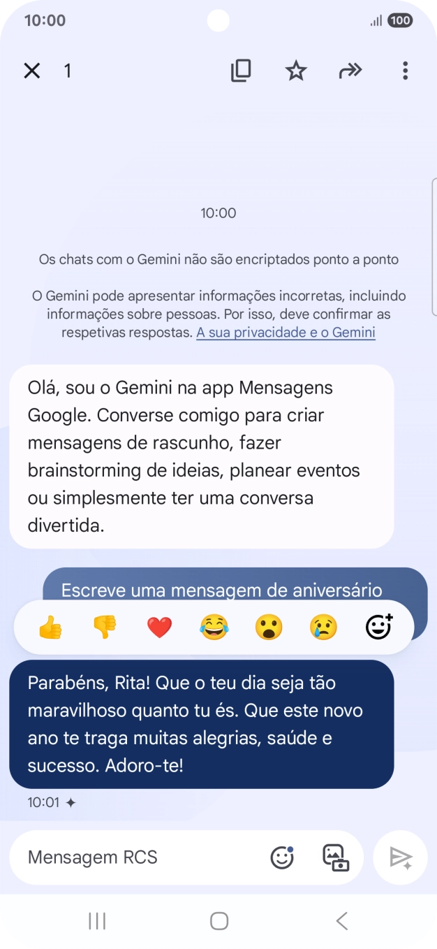 Mantenha premida por um momento a sugestão de texto da Gemini. Siga as indicações no ecrã  para utilizar a sugestão de texto.