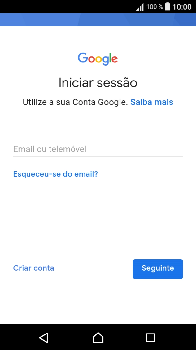 Se não tiver uma conta Google, prima Criar conta e siga as indicações no ecrã para criar uma conta.