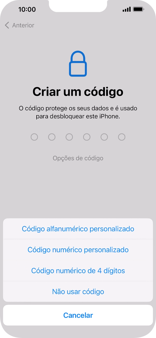 Siga as indicações no ecrã para ativar a utilização do código de bloqueio do telefone ou prima Não usar código.
