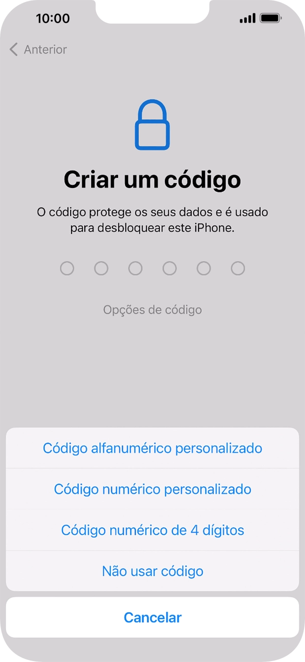 Siga as indicações no ecrã para ativar a utilização do código de bloqueio do telefone ou prima Não usar código.