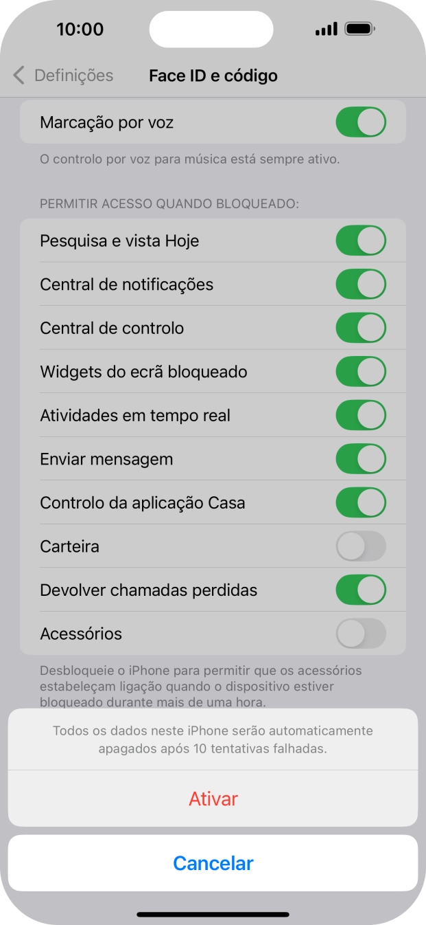 Se ativar a função, prima Ativar.