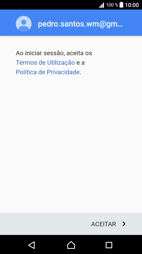 Prima ACEITAR e siga as indicações no ecrã para escolher as definições da conta Google.