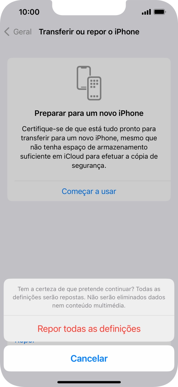Prima Repor todas as definições. Aguarde um momento enquanto o telefone restabelece as definições originais. Siga as indicações no ecrã para configurar o telefone de modo que este fique pronto a ser utilizado.