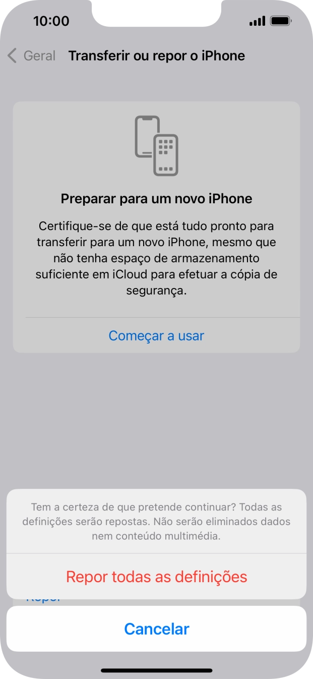 Prima Repor todas as definições. Aguarde um momento enquanto o telefone restabelece as definições originais. Siga as indicações no ecrã para configurar o telefone de modo que este fique pronto a ser utilizado.