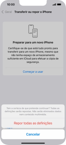 Prima Repor todas as definições. Aguarde um momento enquanto o telefone restabelece as definições originais. Siga as indicações no ecrã para configurar o telefone de modo que este fique pronto a ser utilizado.