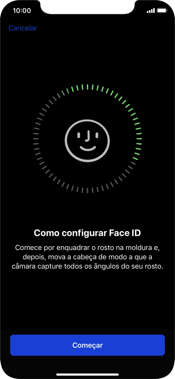 Prima Começar e siga as indicações no ecrã para estabelecer um código de reconhecimento facial (Face ID).