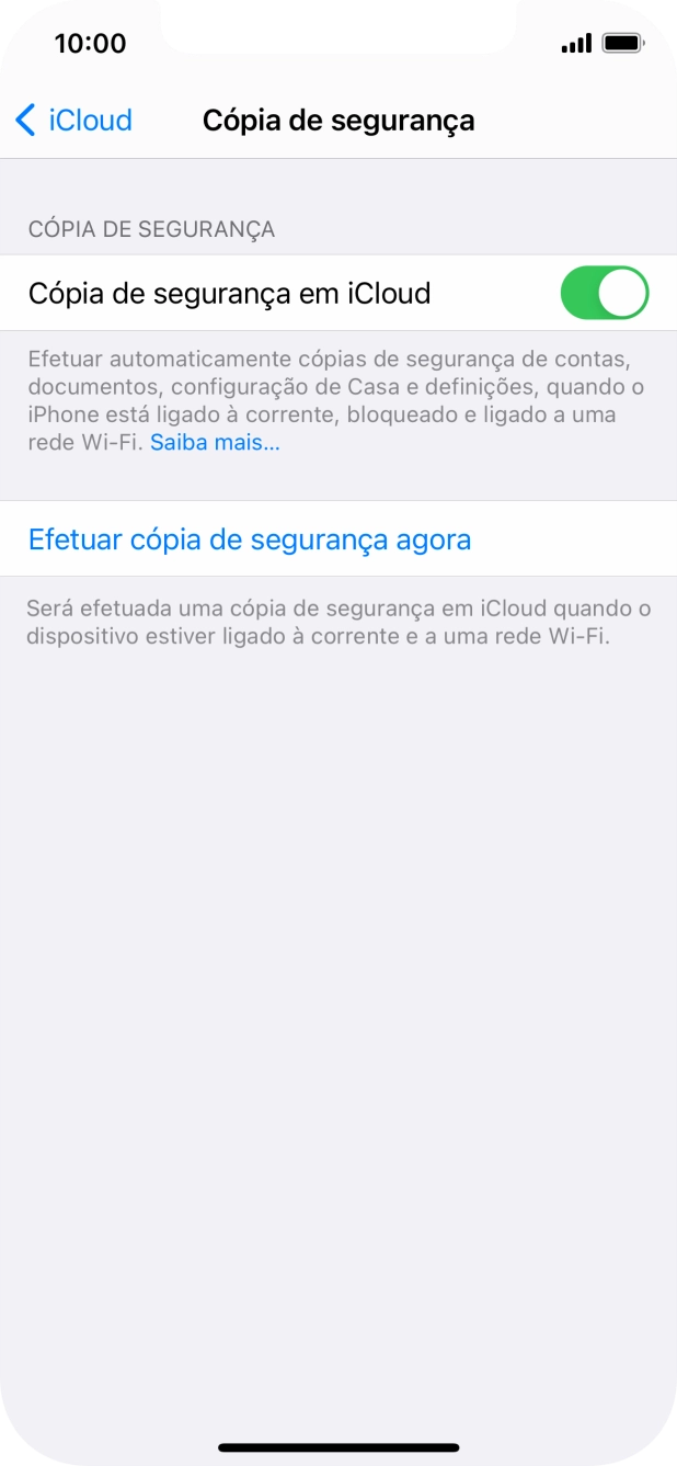 Prima Efetuar cópia de segurança agora e aguarde enquanto é efetuada a cópia de segurança do conteúdo da memória do telefone.