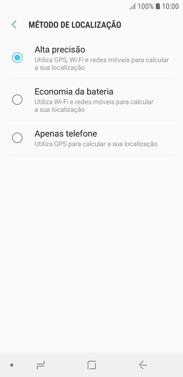 Se escolher Alta precisão, o telefone irá encontrar a sua localização precisa utilizando os satélites GPS, a rede móvel e as redes Wi-Fi nas proximidades. A navegação por satélite GPS requer vista livre ao céu.