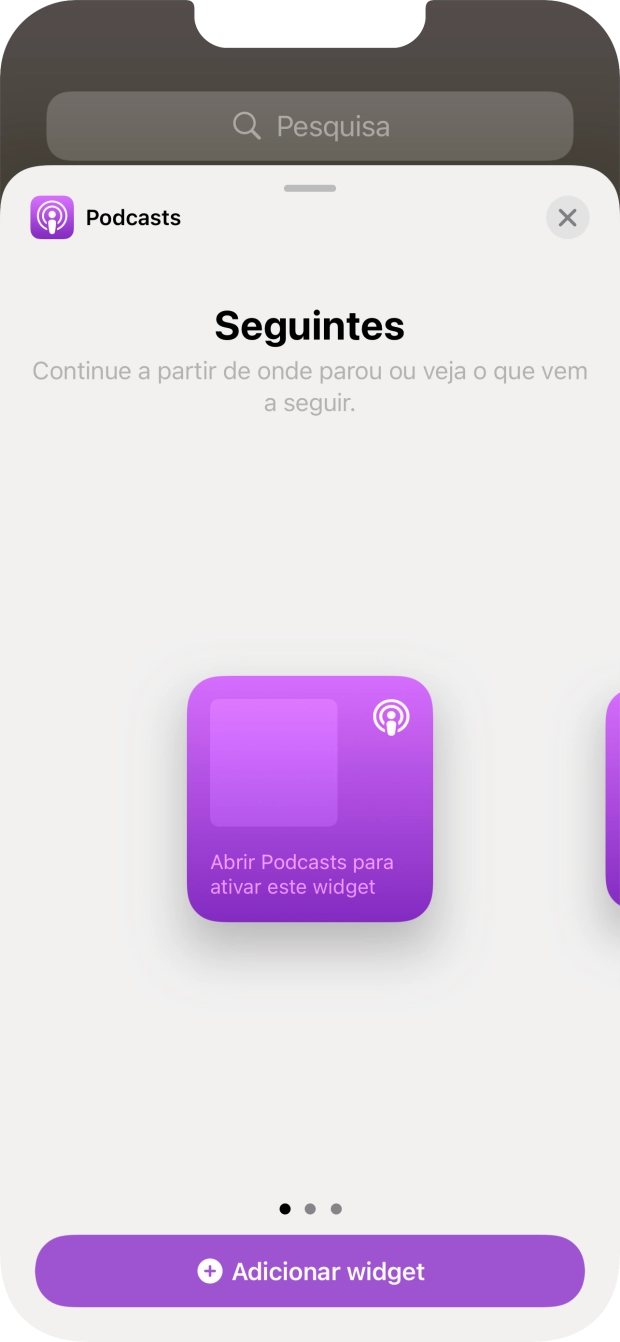 Para escolher a dimensão pretendida para o widget, deslize o dedo para a direita ou para a esquerda sobre o ecrã.