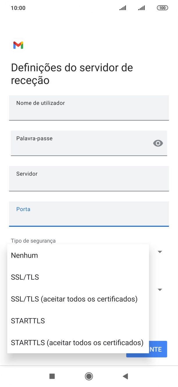 Prima SSL/TLS para ativar a função.