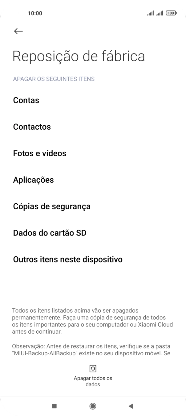 Prima Apagar todos os dados.