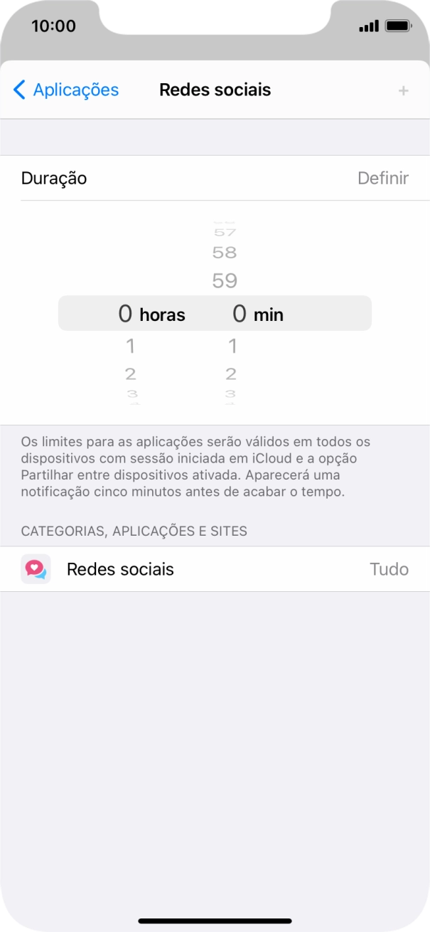 Defina o limite de tempo pretendido para uso da categoria selecionada.