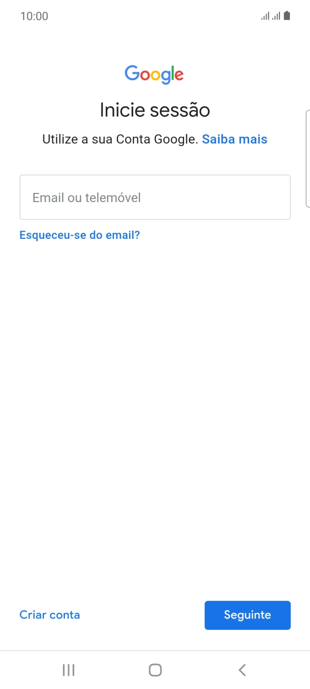 Se não tiver uma conta Google, prima Criar conta e siga as indicações no ecrã para criar uma conta.