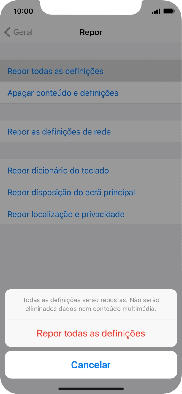 Prima Repor todas as definições.