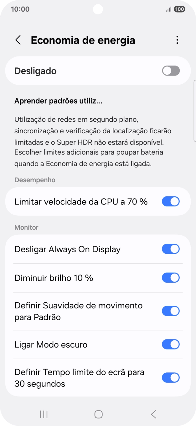 Prima os indicadores junto às definições pretendidas para as ativar ou desativar.