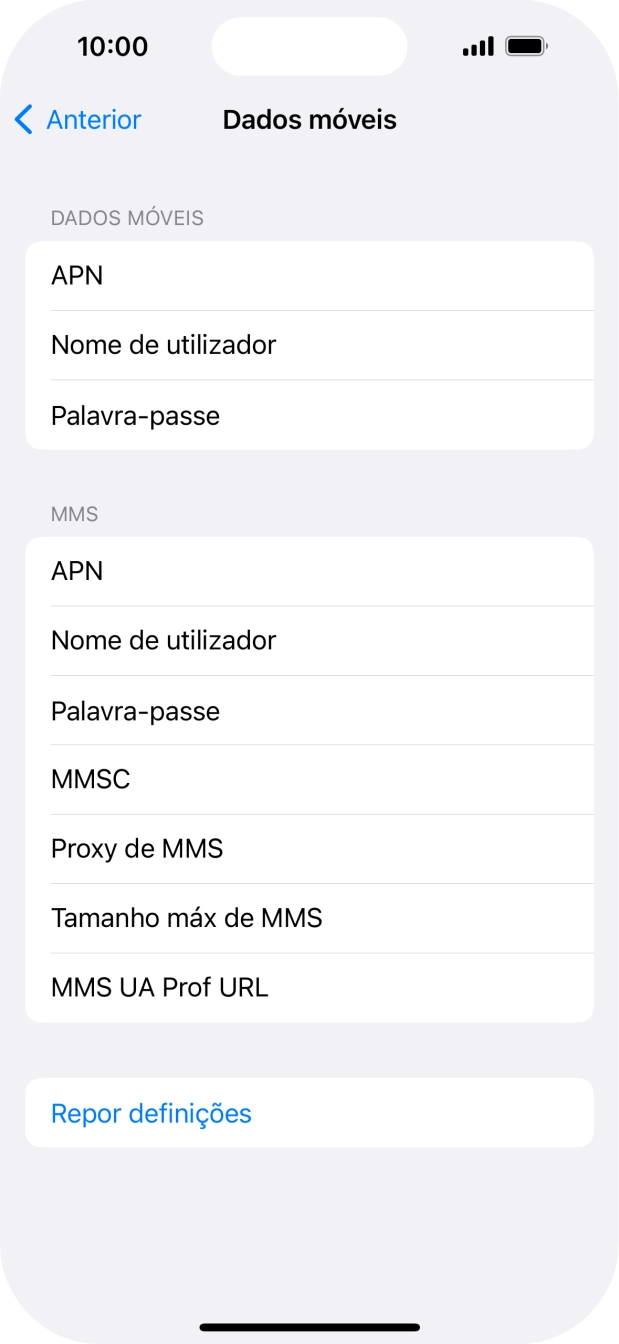 Prima APN e insira net2.vodafone.pt.