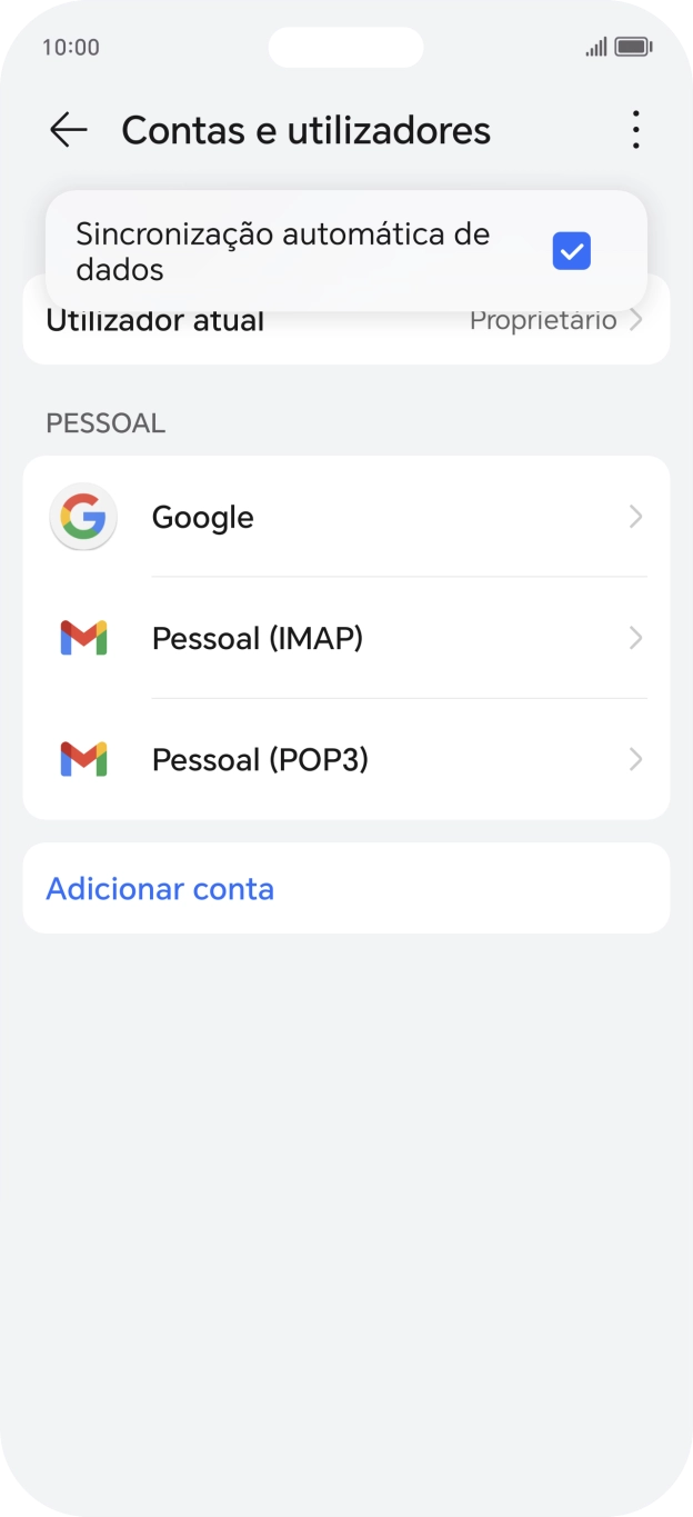 Prima Sincronização automática de dados para ativar ou desativar a função.