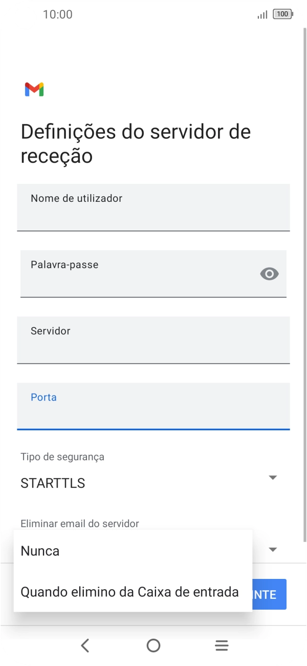 Prima Nunca para manter os e-mails no servidor quando estes são apagados no telefone.
